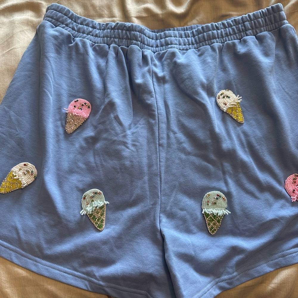 QUEEN OF SPARKLES Blue Shorts with Ice Cream Embroidery